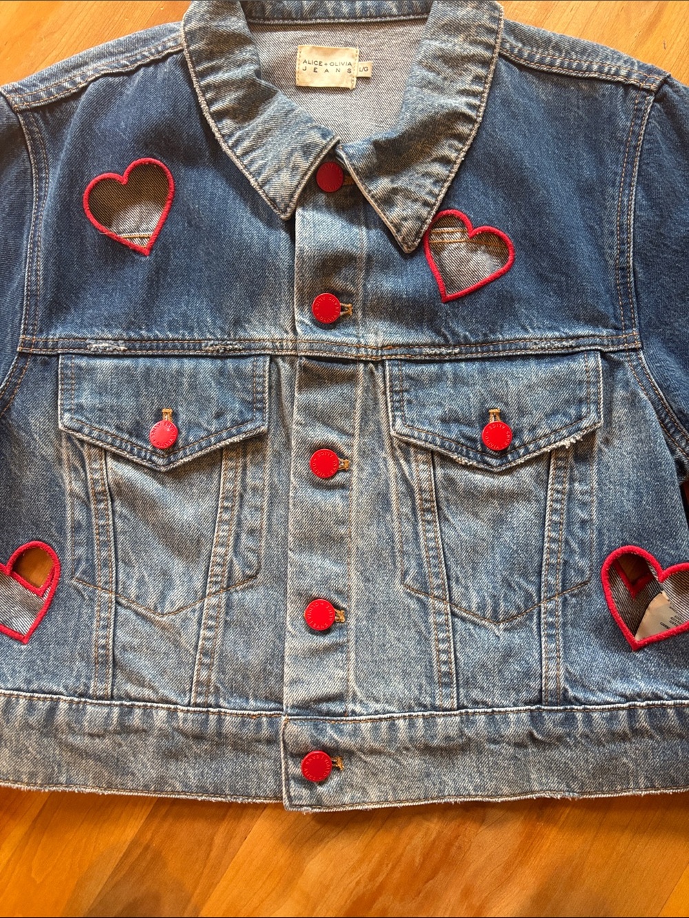 Alice + Olivia Blue Denim Jacket with Red Heart Appliqué Cutouts - Picture 3 of 10